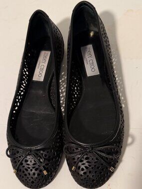 Jimmy Choo Black Laser Cut Sleep on B allet Flats Bow Logo